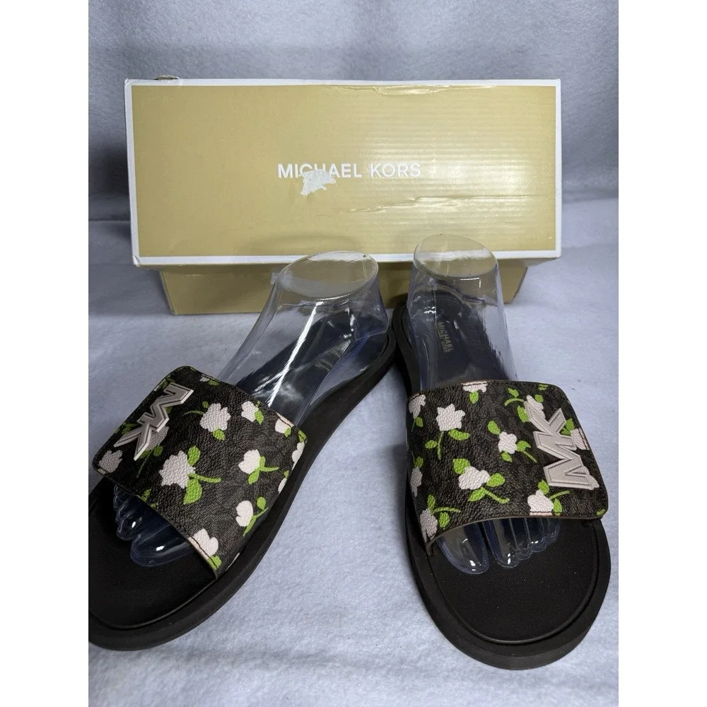 Michael Kors MK Slide Sandals Womens 10 Brown Multi Rose Floral Logo New Box